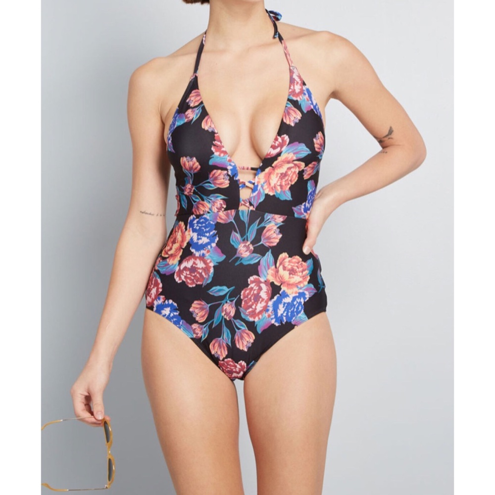 ModCloth The Pamela Plunge Black Floral High Waist One Piece M NWT
